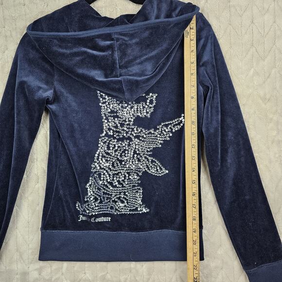 Y2K Juicy Couture Hoodie Small Full Zip Sequin Dog Velour Preppy Blue Paris - Picture 4 of 6